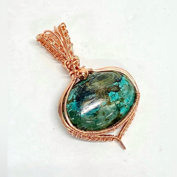 HANDCRAFTED Hubei Turquoise Hand Wrapped Pure Copper Statement Pendant, Gift Her - Picture 4 of 10